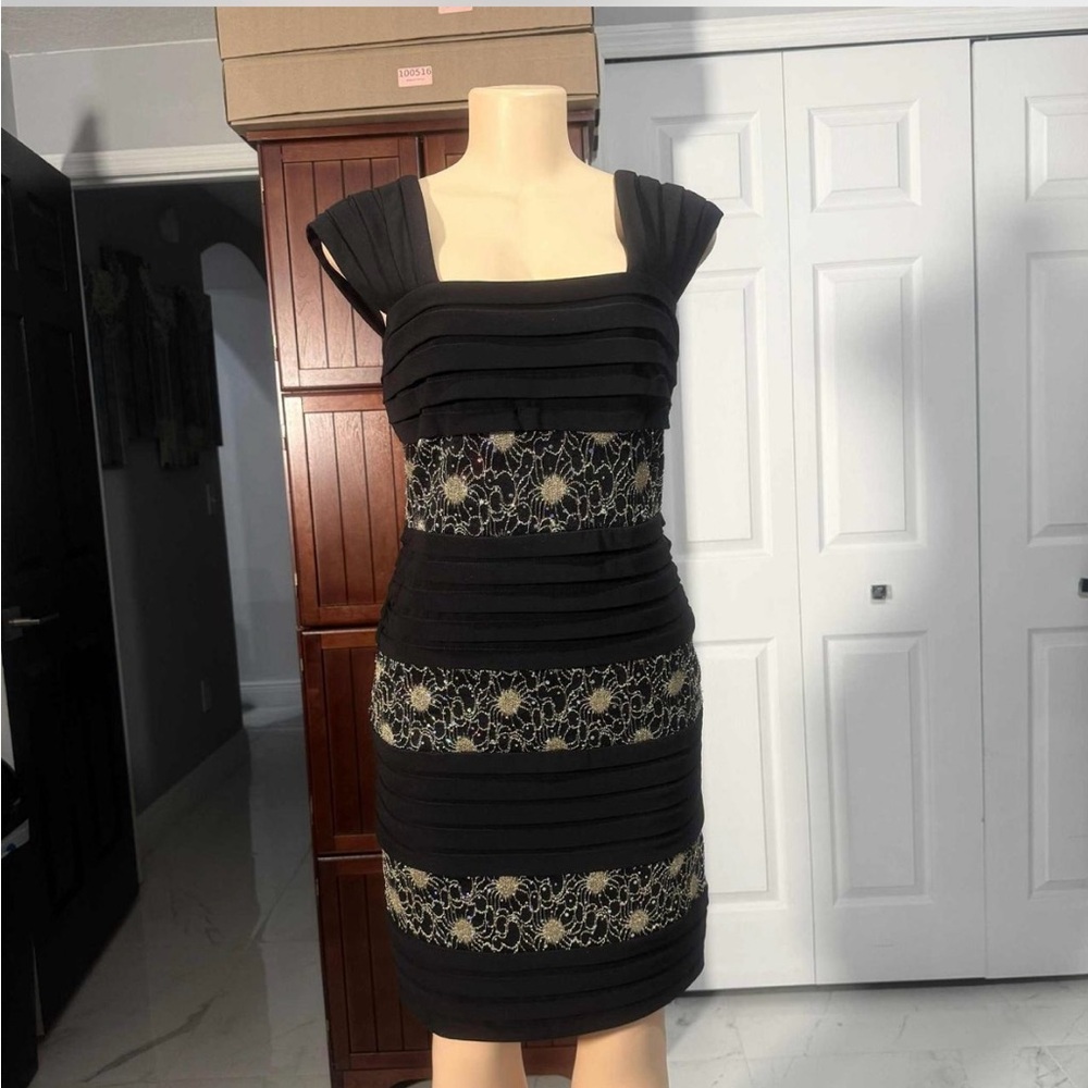 R & M Richards Black‎ and Gold Lace Midi Dress
